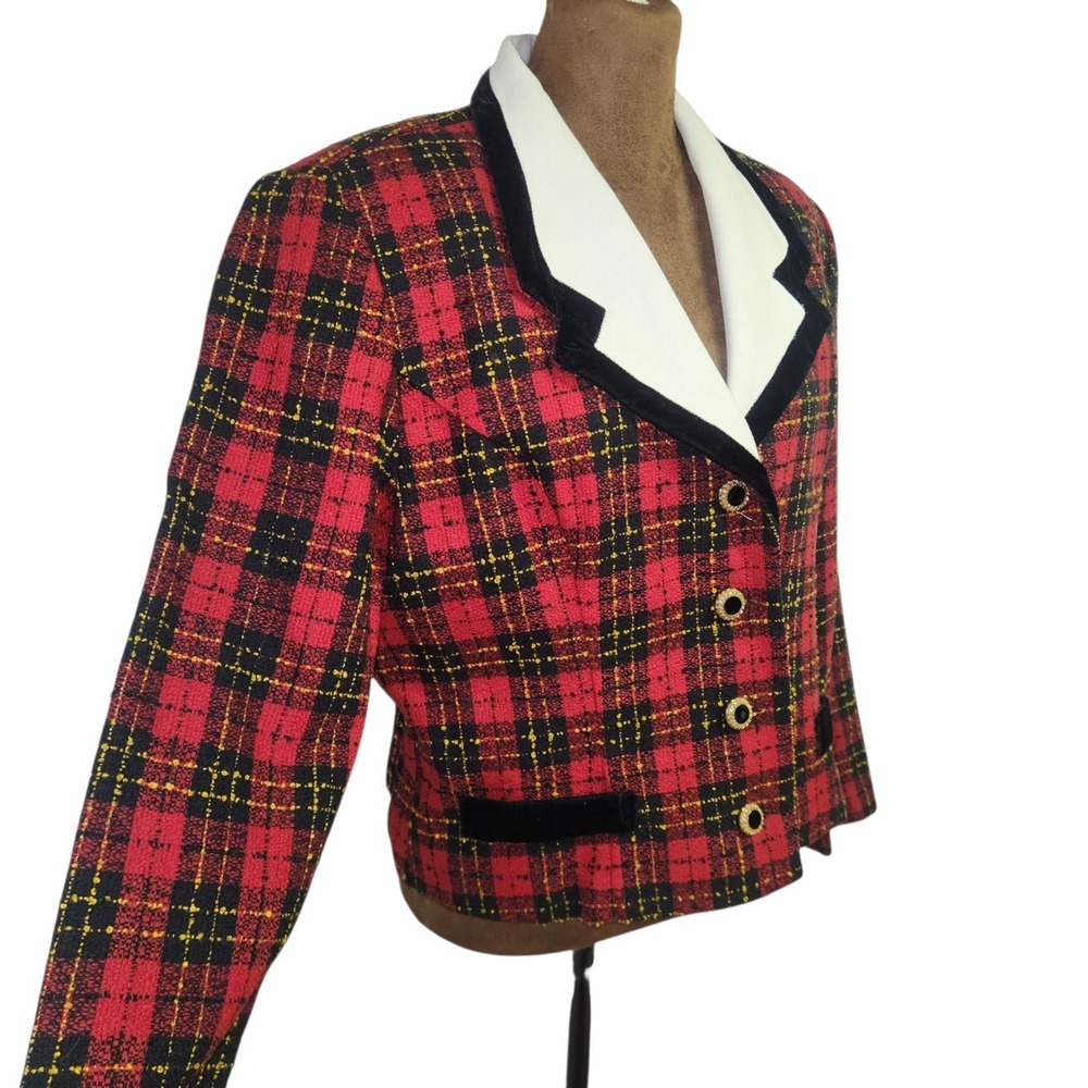PETITE PERCEPTIONS Vintage Plaid Power Blazer Red Black Size M 80s 90s Cropped